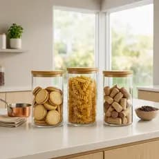 Pote Hermetico de Vidro Liso com Tampa de Bambu 1,1L organizacao graos alimentos cafe arroz macarrao