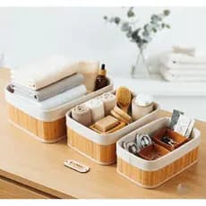 Kit 3 Cestos Organizadores de Bambu Ideal para Alimentos Secos, Produtos de Higiene, Acessórios