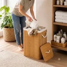 Cesto de Roupas com Tampa e Alça de Bambu 50 Litros Forrado com Excelente acabamento