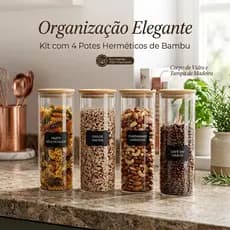 Kit 4 Potes Herméticos de Vidro Grande 1,8 lts Redondo Tampa de Bambu Excelente Vedação Arroz Graos