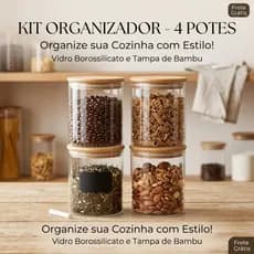 Kit 4 Potes de Vidro Hermeticos 1,1 lts Redondo com Tampa de Bambu Excelente Vedação Arroz Graos
