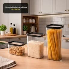 Conjunto 3 Potes Hermeticos de Plsstico Otima Vedacao Organizador de Alimentos Arroz Feijao Macarrao