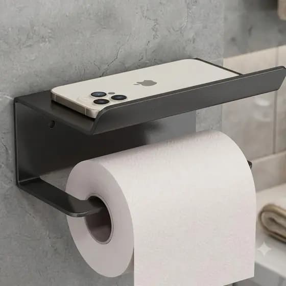 Suporte de Papel Higienico Banheiro Premium Aço Inox Preto Base para Celular Lenço Sabonete Liquido