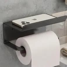Suporte de Papel Higienico Banheiro Premium Aço Inox Preto Base para Celular Lenço Sabonete Liquido
