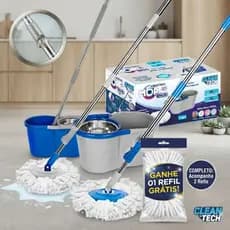 Mop Giratório 360º com Balde Duplo + 1 Refil Esfregão de Brinde, Excelente Absorção e Praticidade