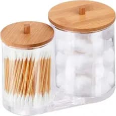 Organizador Duplo Plástico Porta Algodão e Cotonete com Tampa de Bambu