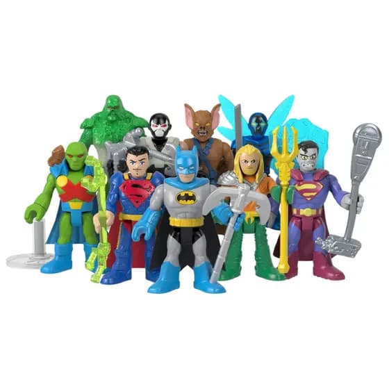 Figuras de Ação Mini Imaginext Super Friends Colecionável 7cm - Morcego Humano, Flash, Aquaman Bane