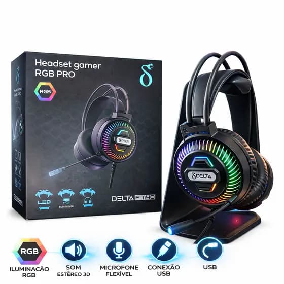 Headset Gamer RGB PRO Delta FN40 com Microfone USB | Fone Gamer LED para PC e Notebook