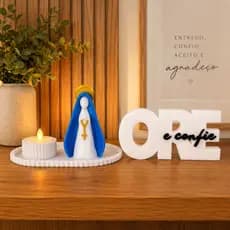 Kit Decorativo Nossa Senhora Aparecida com Palavra Fé e Bandeja Decoração Religiosa
