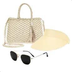 Kit Bolsa de Palha Feminina + Viseira Solar + Óculos de Sol Com Proteção Uv Moda Praia Verão