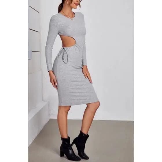 Vestido Cinza Malha Canelada