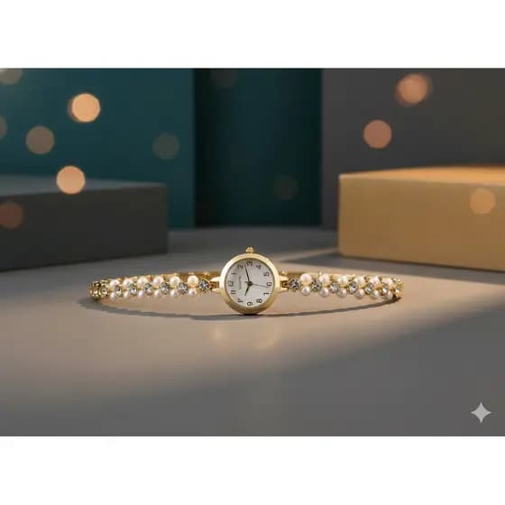 Relógio Feminino Redondo Fileira Dupla Pérola Requintado Pulseira Vintage