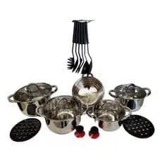 Jogo de Panelas 19 Peças Aço Inox + Acessórios com Fundo 9 Camadas para Indução ou Gás