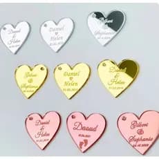 kit tag coração 2cm acrílico dourado, rose e prata espelhado FRASE PERSONALIZAVEL