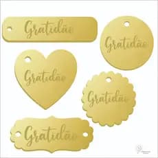KIT 50 TAGS de ACRÍLICO DOURADO Escrito GRATIDÃO FORMATOS VARIADOS Coração Redondo Plaquinha Etiqueta Disco Moldurinha
