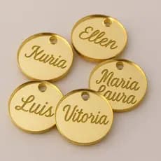 KIT TAG COM 100 Redondo 2cm Acrílico Dourado PERSONALIZAVEL medalha Circulo Tags