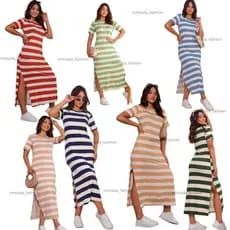 Vestido Feminino Listrado Estampado Com Fenda Longo Manga Solto Verão P,M,G,GG
