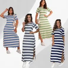 Vestido Feminino Estampado Listrado Longo com Fenda e Confortável Manga Solta para o Verão