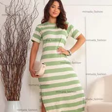 Vestido Longo Feminino Listrado com Fenda Lateral Manga Curta Casual Confortável Verão Dia a Dia
