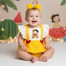 Romper Infantil Vestido Magali Bebe Menina Jardineira Fantasia + Arquinho