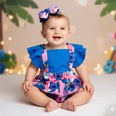 Romper Infantil Vestido Stitch Bebe Menina Jardineira Fantasia + Arquinho