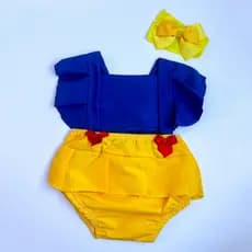 Romper Infantil Branca de Neve Bebe Menina Jardineira Fantasia + Arquinho