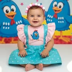 Romper Infantil Jardineira Galinha Pintadinha Bebe Menina Vestido  Fantasia + Arquinho