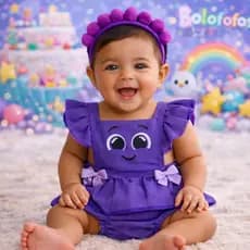 Romper Bebê Bolofofos Roxo com Laços + Tiara – Look Mesversário, Passeio, Ensaio e Dia a Dia