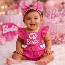 Romper Bebê Barbie Rosa com Laços – Look para Mesversário, Passeio e Ensaio Fotográfico