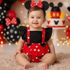 Romper Infantil Minnie Bebe Menina Vestido Jardineira Fantasia + Arquinho