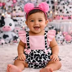Romper Infantil Vaquinha Bebe Menina Vestido Jardineira Fantasia + Arquinho