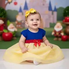 Romper Infantil Vestidinho Branca de Neve Bebe Menina Jardineira Fantasia + Laço