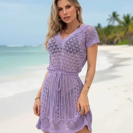 Vestido Feminino Curto Saída de Praia ou Piscina em Tricot  Croche Transparente  Leve  Estilosa Versatil
