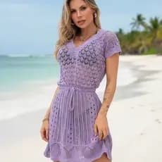 Vestido Feminino Curto Saída de Praia ou Piscina em Tricot  Croche Transparente  Leve  Estilosa Versatil
