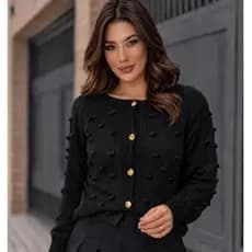 Casaquinho Pipoca Aberto com Botões Dourado Feminino de Tricot Conforto e Luxo para o Inverno