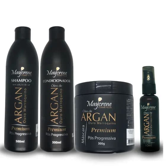 Kit Argan Premium 1 Shampoo + 1 Condicionador + 1 Máscara + 1 Óleo Marroquino Maycrene Pós Progressiva Ouro Marroquino