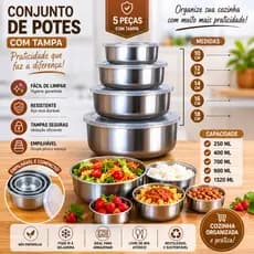 Potes Tigelas Vasilhas em Aço Inoxidavel com Tampa Redondo kit c/5