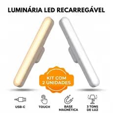Kit 2 Luminária LED Bastão Recarregável Magnética 3 Tons Luz Ideal para Armário, Closet e Leitura