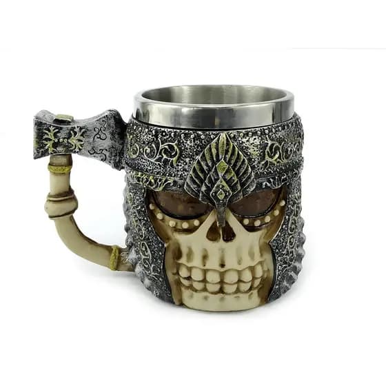 Caneca Caveira Medieval 400ml Com Alça De Machado Copo Decorativo Em Metal e Resina
