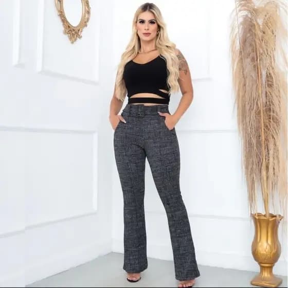 Calça Flare Bailarina Cintura Alta Com Elastano Modeladora Estilo Social