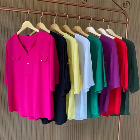 Blusa Camisa Manga Curta 3/4 Feminina Blusa Plus Size Lisa Color Tamanho Grande Moda Blogueira