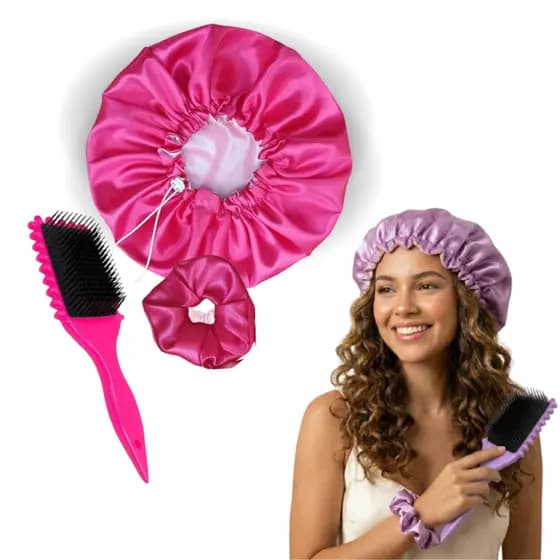 Escova Fitagem kit Escova + Touca Dupla + Xuxinha Cetim Fitagem Cabelos Cacheados Definidos