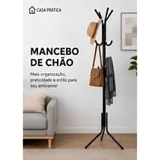 Mancebo de Chão Cabideiro Organizador Multiuso Preto com 8 Ganchos Resistente para Roupas Bolsas Chapéus