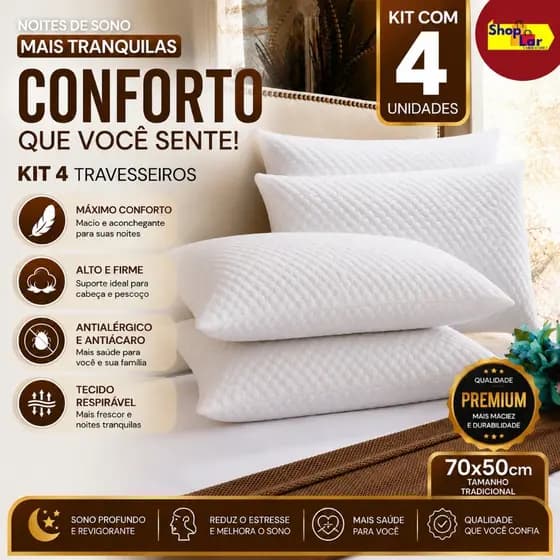 Kit 4 Travesseiro Fibra de Bambu Alto Firme Tradicional Antistress