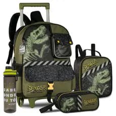Kit Mochila Escolar Carrinho Masculina Dinossauro Lancheira Térmica Estojo Completa Amplo Espaço