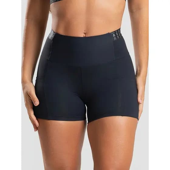 Short Feminino Poliamida Pespontado Preto Com Bolso e Elástico