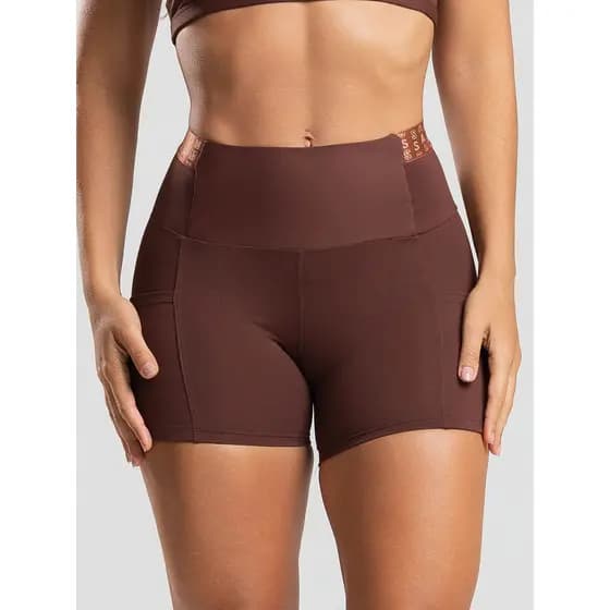 Short Feminino Poliamida Pespontado Marrom Com Bolso e Elástico
