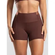Short Feminino Poliamida Pespontado Marrom Com Bolso e Elástico