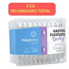 Kit 3 Caixas Hastes Flexíveis Baby Cotonetes Bebê Polyfarma Pontas Especial Antigerme 150 Unidades