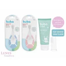 Kit Escova De Dente  Bebê Primeiros Dentinhos Azul Rosa + Gel Dental Sem Fluor Com Massageadora Bucal Buba